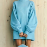 ElevenOra Chic Casual Baby Blue Pleated Textured Cotton Blend Turtleneck Lantern Sleeve Oversized Mini Dress