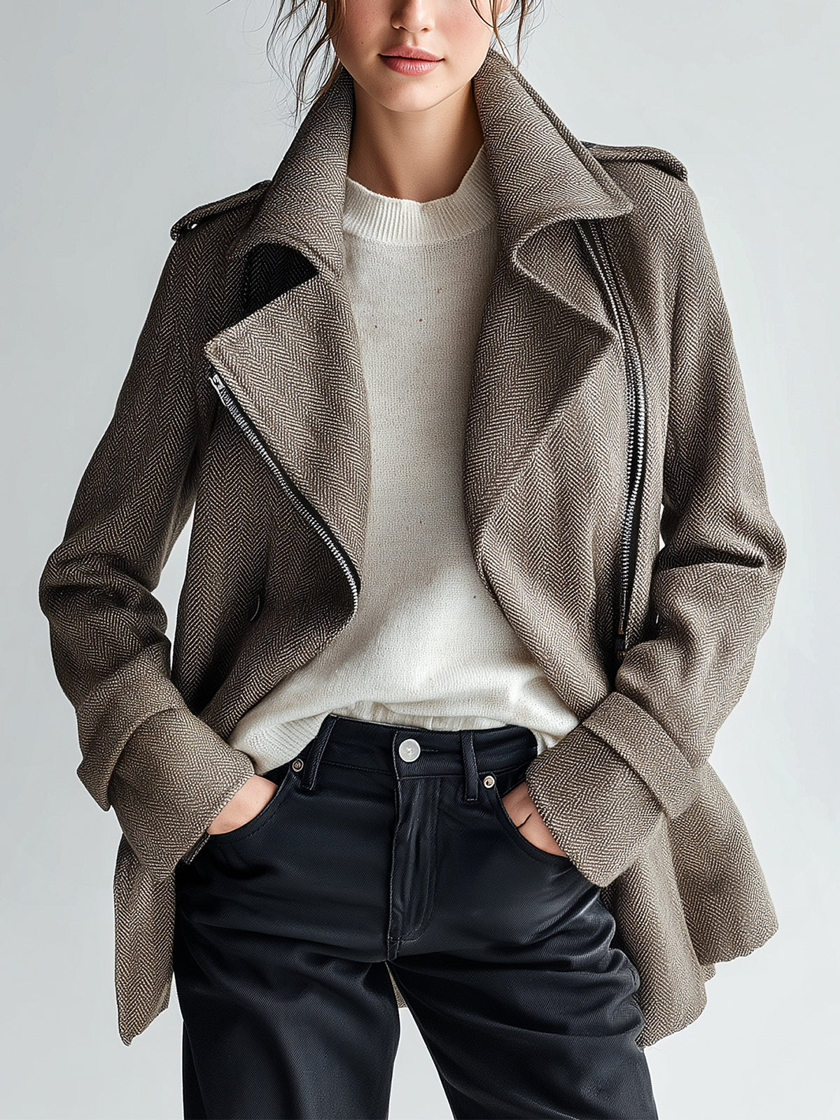 ElevenOra Vintage Casual Brown Herringbone Wool Blend Lapel Asymmetric Zip Biker Style Short Coat