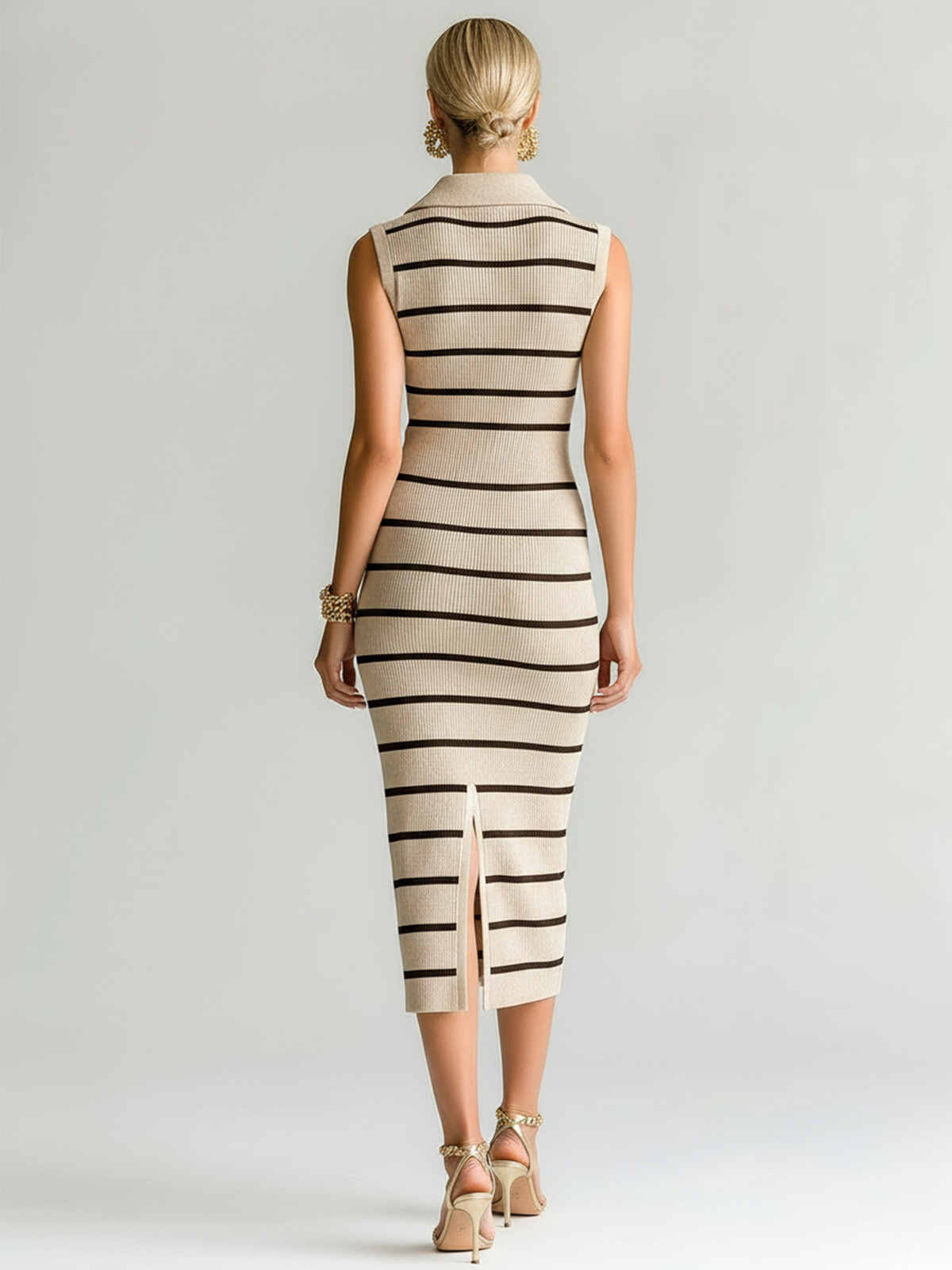 ElevenOra Stylish Elegant Beige Striped Lapel Collar Zipper-Front Sleeveless Slim-Fit Ribbed Knit Midi Dress
