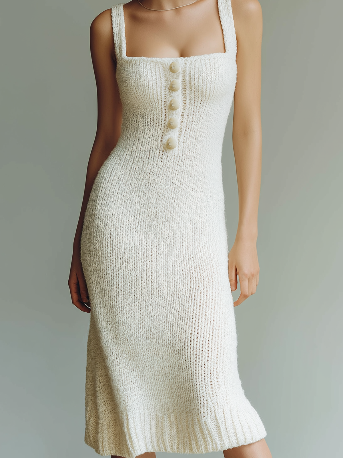 ElevenOra Chic Casual White Spaghetti Strap Square Neck Button Slim Fitted Knit Midi Dress