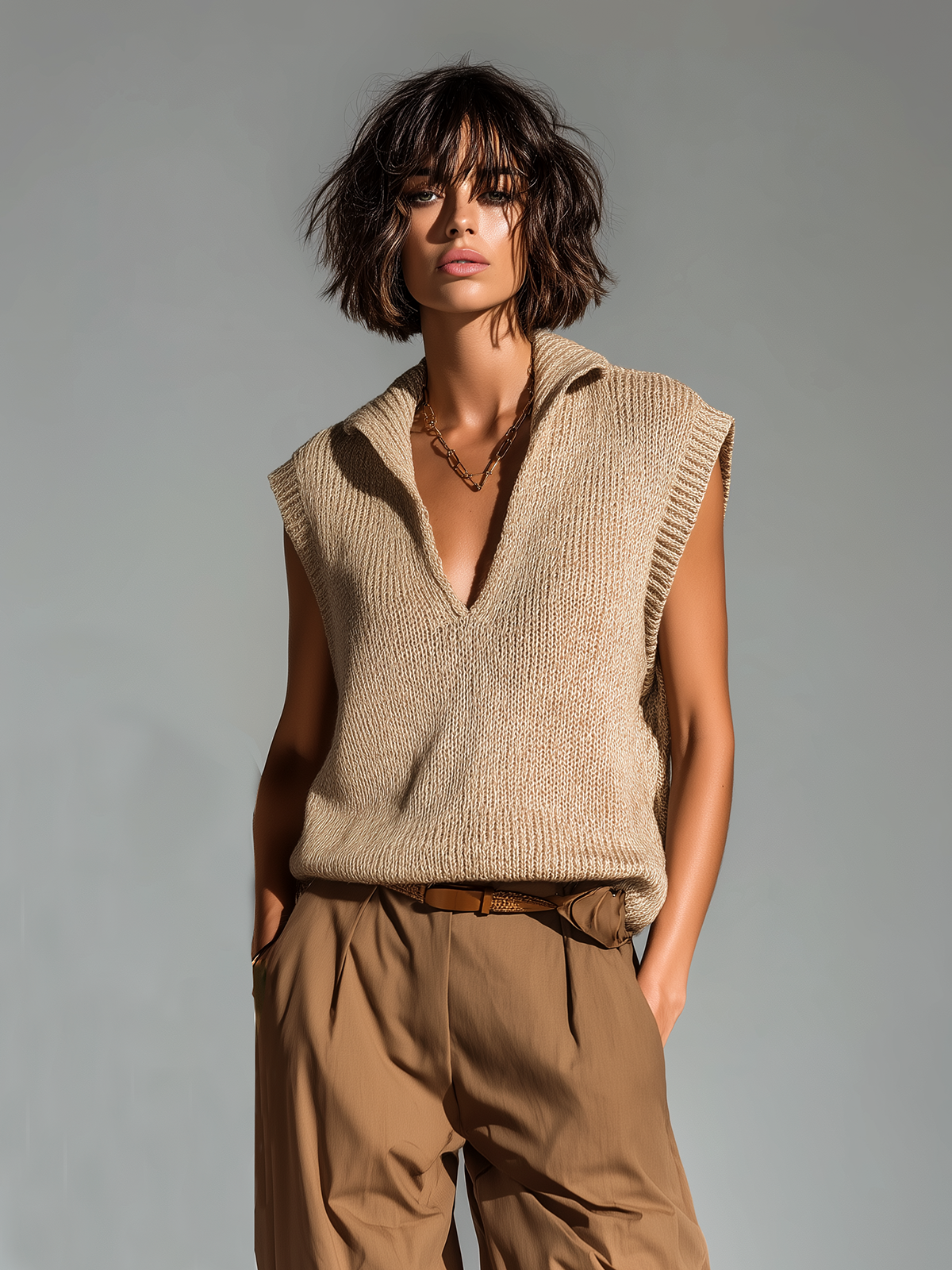 ElevenOra Fashion Casual Camel Lapel Deep V-neck Loose Sleeveless Knit Vest