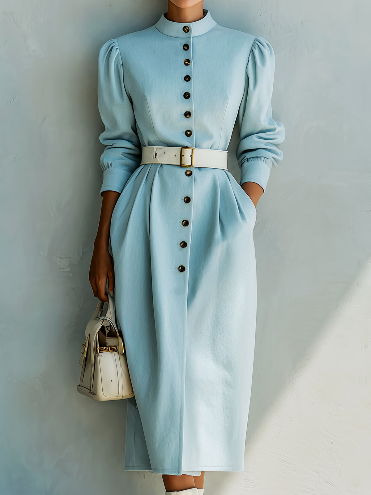 ElevenOra Casual Office Cotton Blend Stand Collar Single-Breasted Belted Long Puff Sleeve Midi Dress