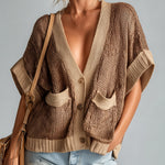 ElevenOra Chic Casual Camel Deep V-Neck Short-Sleeve Single-Breasted Loose-Fit Patch Pockets Knit Cardigan