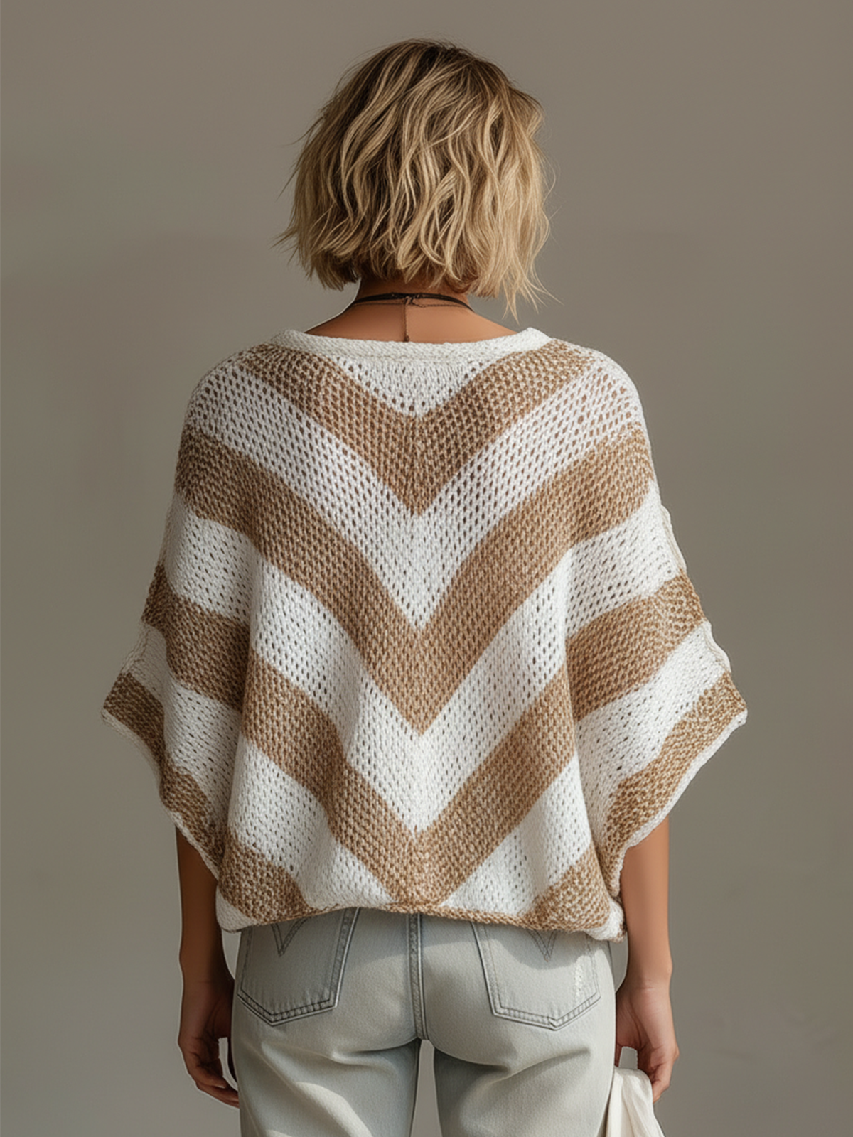 ElevenOra Chic Casual White-Beige Stripes V-neck Short-sleeved Loose-Fit Knit Sweater