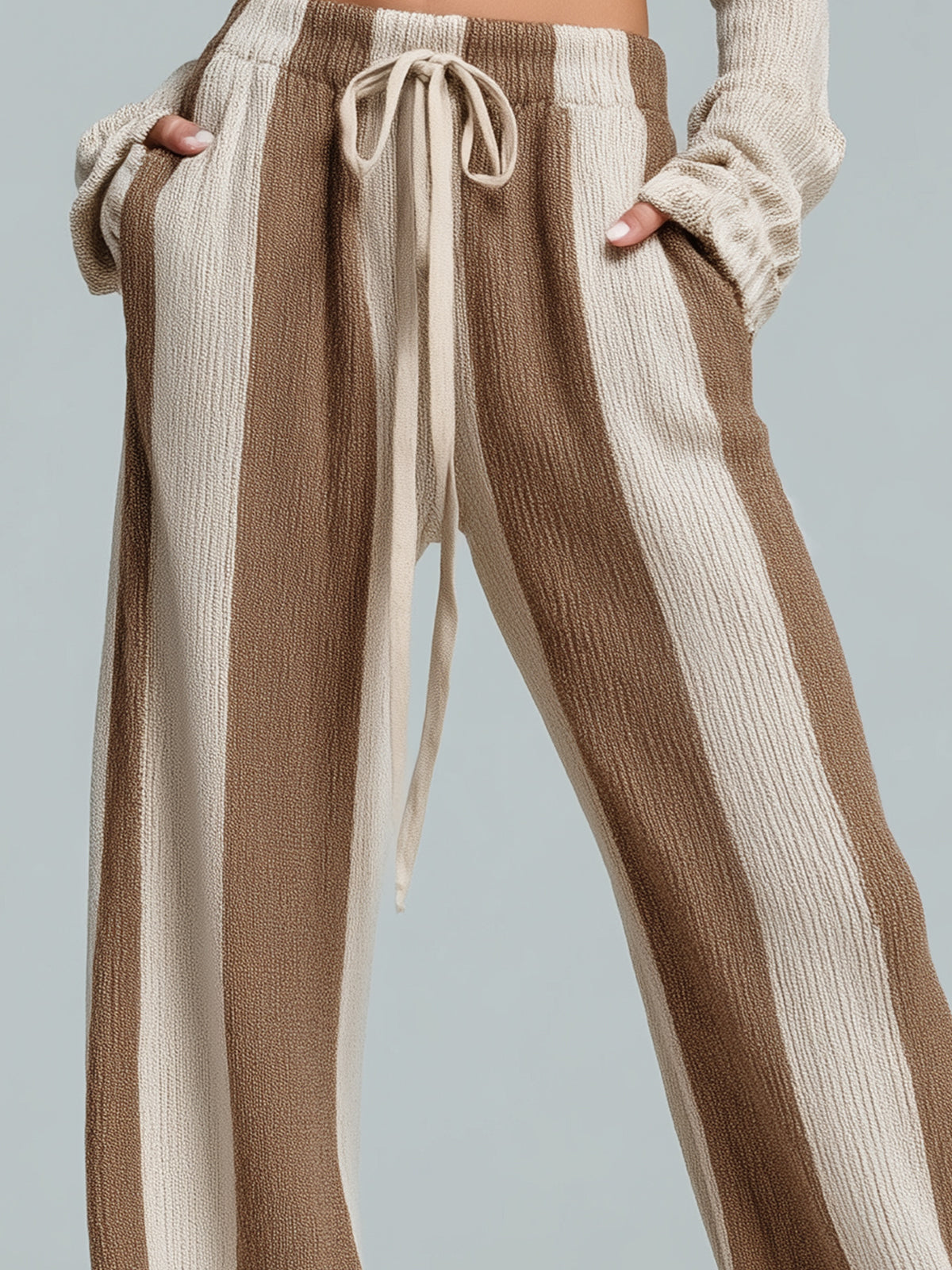 ElevenOra Chic Casual Brown Khaki Stripes Elastic Waist Loose-Fit Knit Wide-Leg Pants