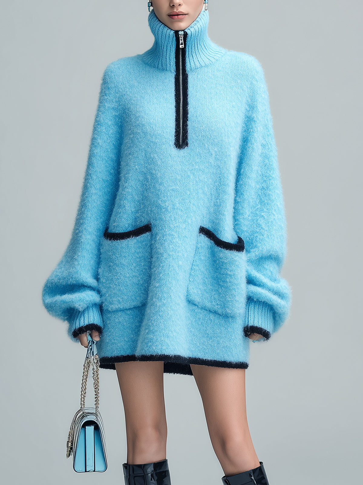 ElevenOra Casual Chic Oversize Zipper Stand Collar Patch Pocket Contrast Trim Long Sleeve Knit Mini Dress