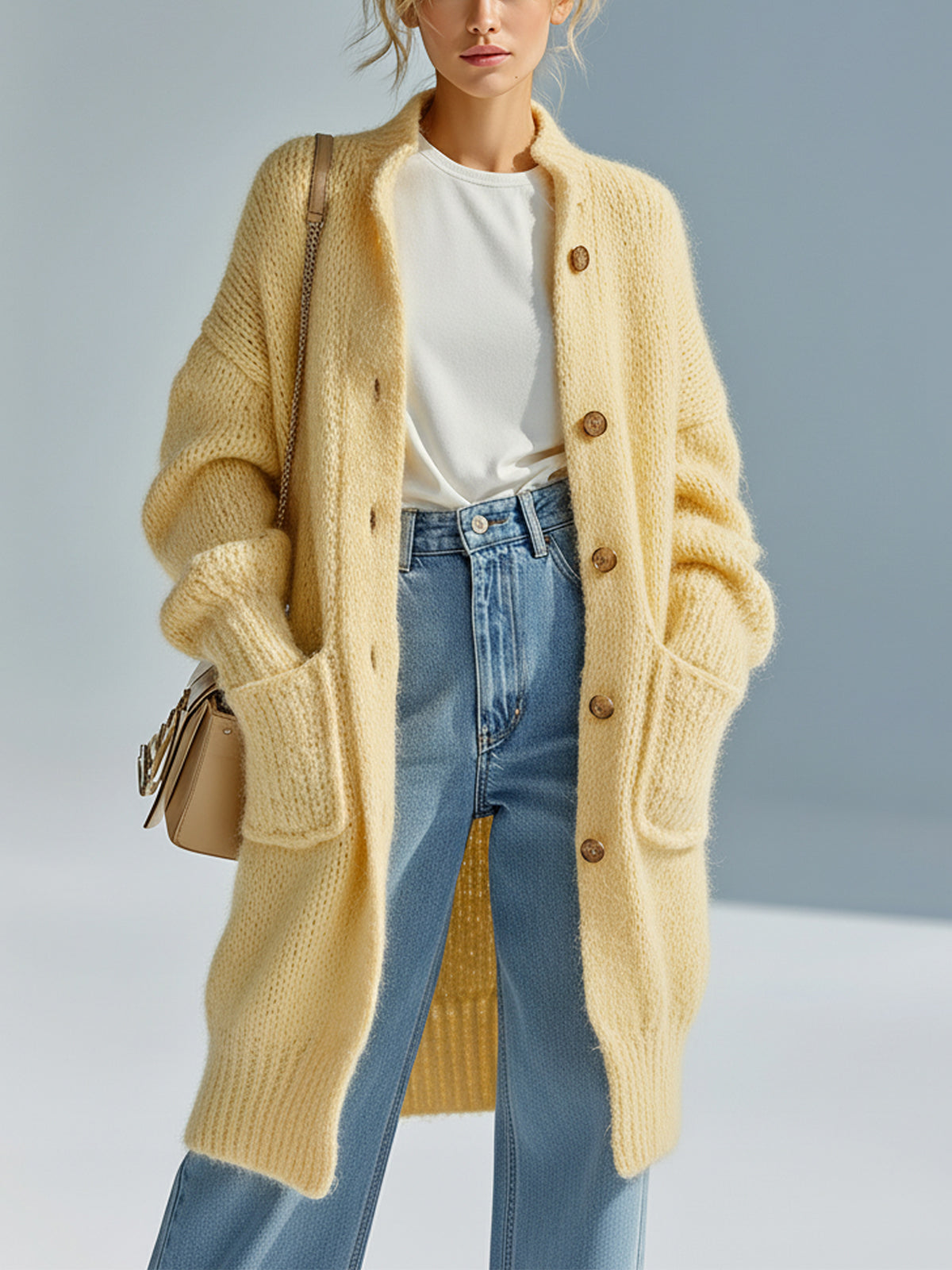 ElevenOra Chic Vintage Light Yellow Stand Collar Single-breasted Long Sleeve Patch Pocket Fuzzy Knit Mid-Length Cardigan