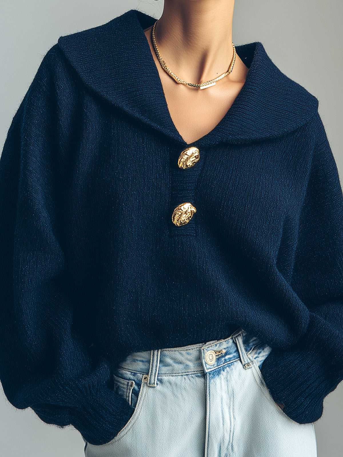 ElevenOra Chic Elegant Navy Blue Lapel Long-Sleeve Gold Button Details Oversize Knit Sweater Top