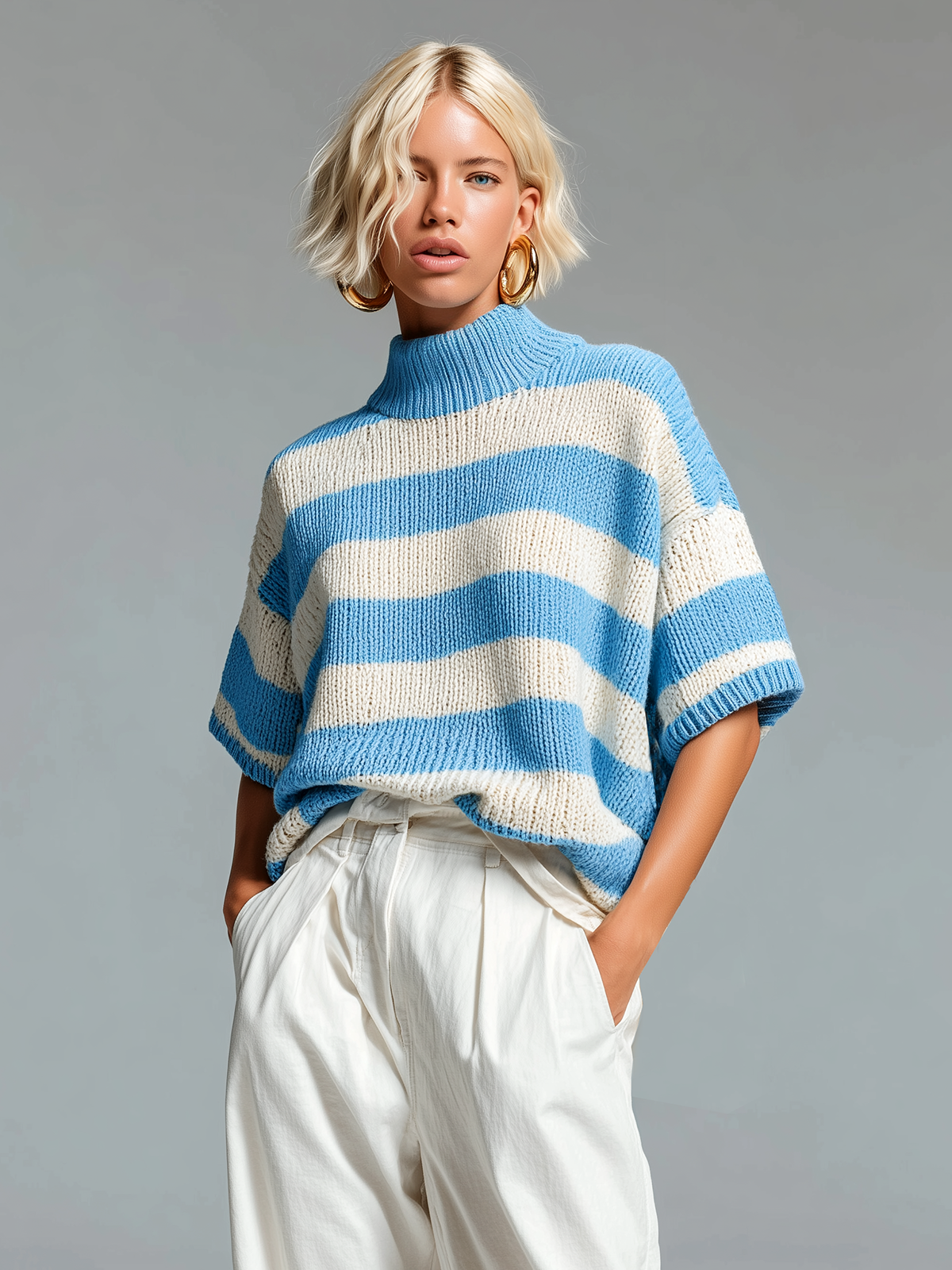 ElevenOra Fashion Casual Blue -White Striped High-Neck Short-Sleeve Knit Sweater Top