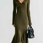 ElevenOra Stylish Button-up Lapel Collar Long Sleeves Knit Flounce Hem Midi Dress