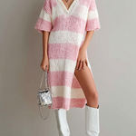 ElevenOra Stylish Casual Pink -White Striped V-Neck Short-Sleeve Loose-Fit Side-Slit Ribbed Knit Midi Dress