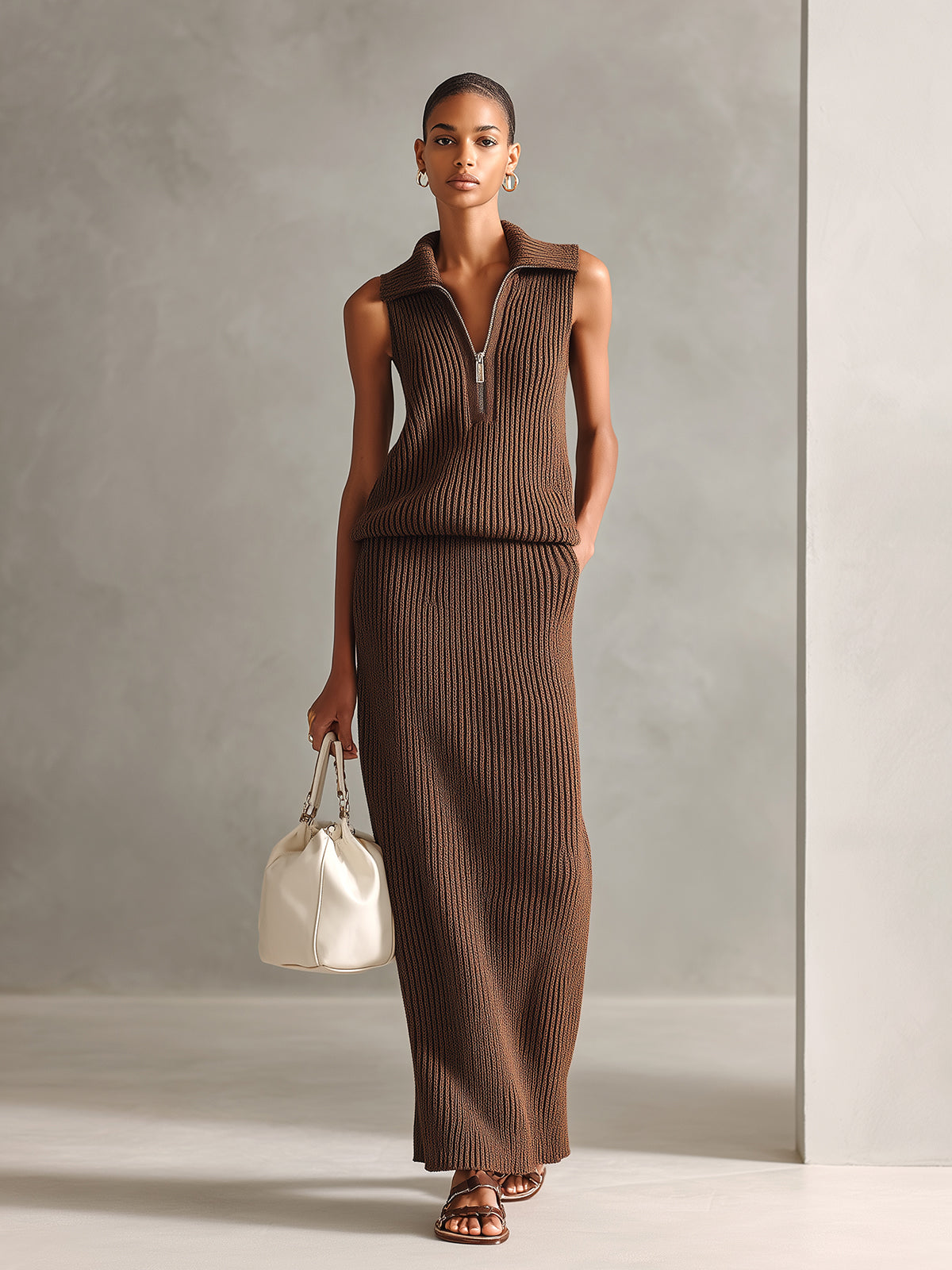 ElevenOra Chic Elegant Coffee Zipper-Up Lapel V-Neck Sleeveless Loose-Fit Vest And Bodycon Maxi Skirt Ribbed Knit Two-Piece Set