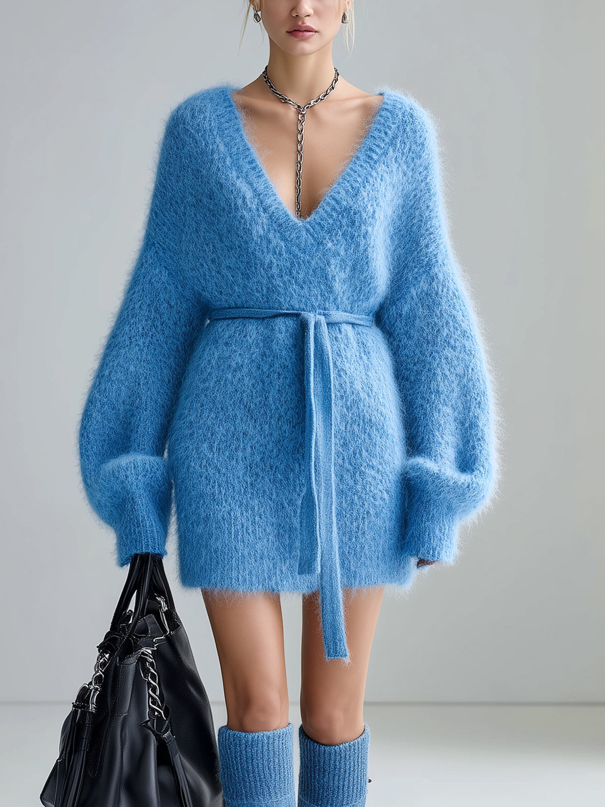 ElevenOra Chic Vintage Blue V-Neck Long Lantern Sleeve Tie Waist Loose Fuzzy Knit Mini Dress