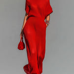 ElevenOra Chic Elegant Red Boat Neck Short-Sleeve Loose-Fit Breathable Knit Maxi Dress