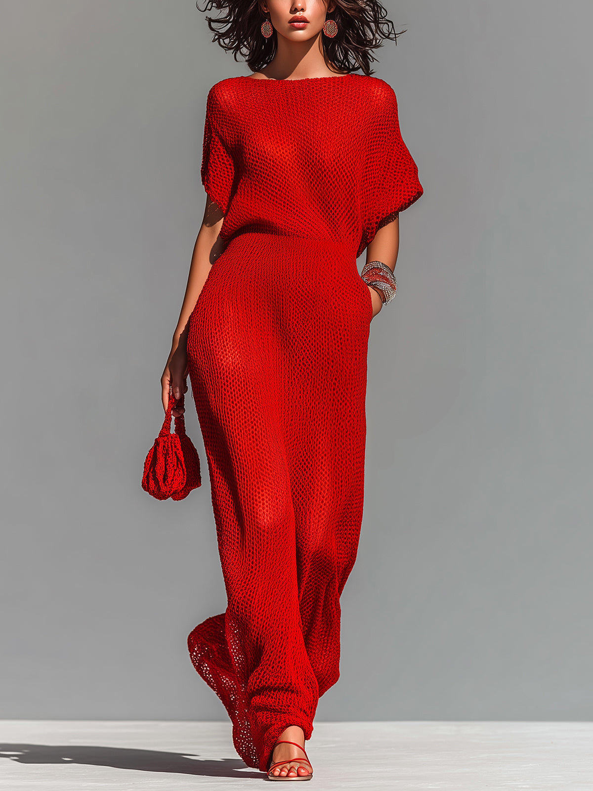 ElevenOra Chic Elegant Red Boat Neck Short-Sleeve Loose-Fit Breathable Knit Maxi Dress