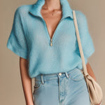 ElevenOra Chic Elegant Blue Zipper-Up Lapel Collar Short-Sleeve Loose-Fit Mohair Knit Sweater Top