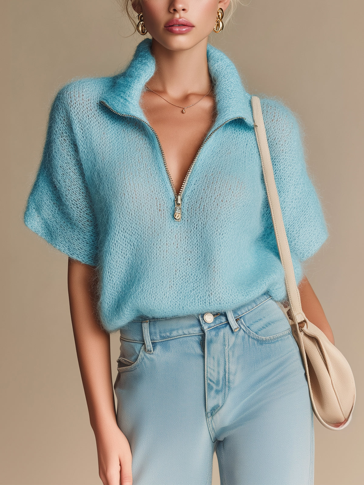 ElevenOra Chic Elegant Blue Zipper-Up Lapel Collar Short-Sleeve Loose-Fit Mohair Knit Sweater Top