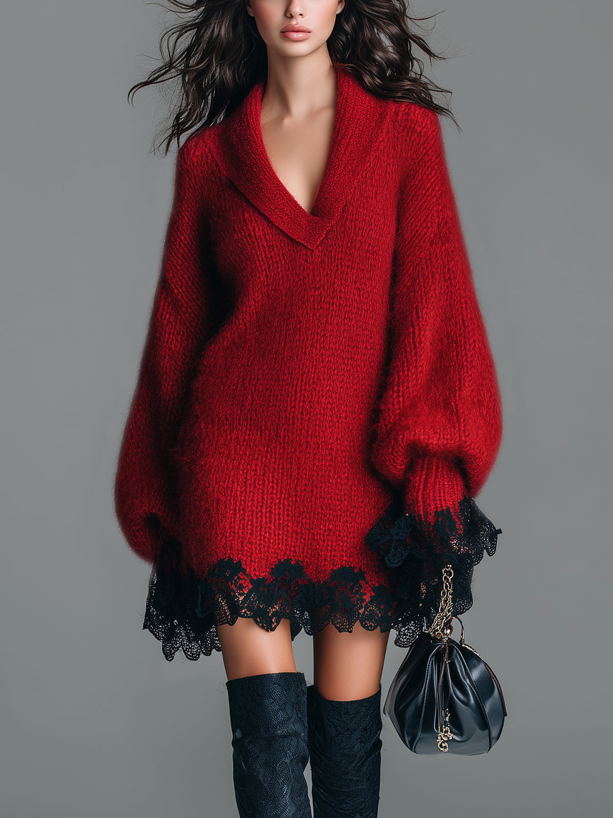 ElevenOra Chic Vintage Red Shawl Collar Long Lantern Sleeve Oversized Contrast Lace Hem Knit Mini Dress