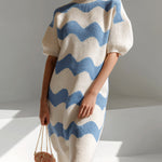 ElevenOra Chic Elegant Blue White Stripes Round-Neck Short-Sleeve Oversize Knit Midi Dress