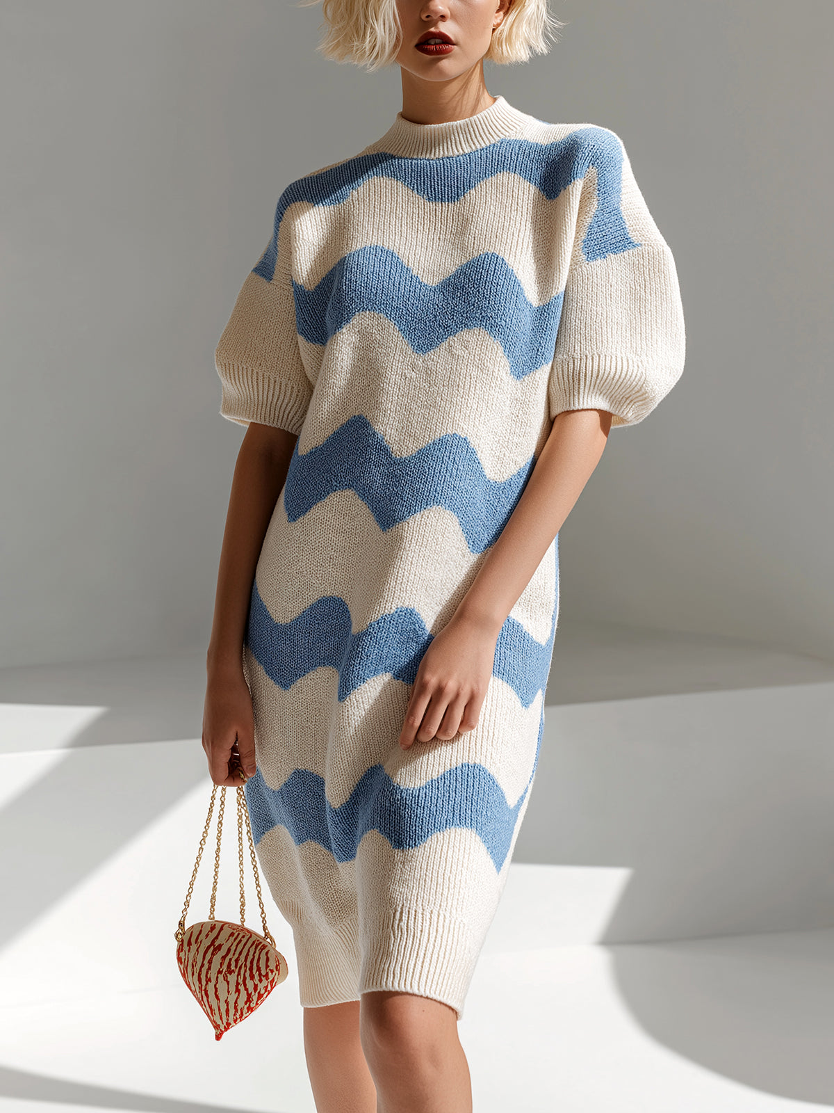 ElevenOra Chic Elegant Blue White Stripes Round-Neck Short-Sleeve Oversize Knit Midi Dress