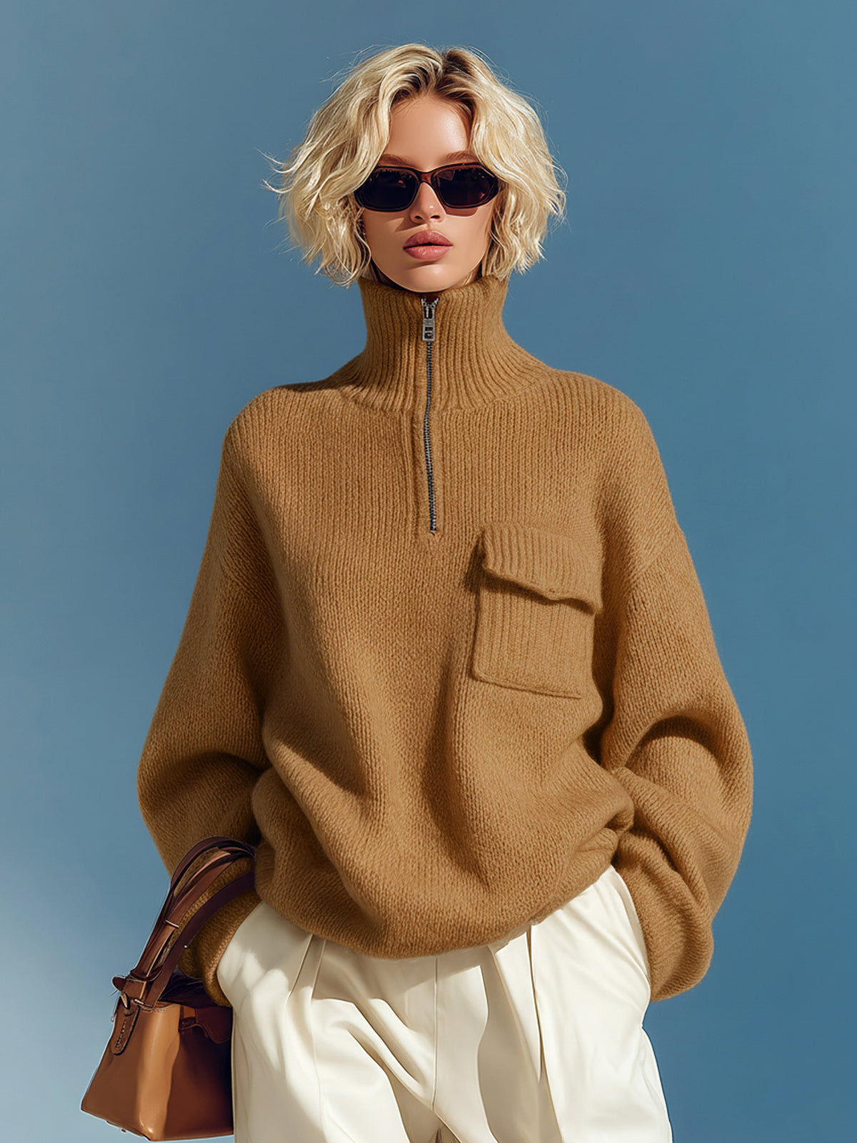 ElevenOra Chic Elegant Camel Mock Neck Half-Zip Pocket Slouchy Knit Sweater