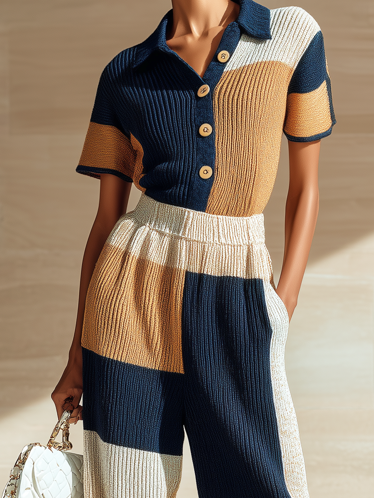 ElevenOra Stylish Elegant Navy Blue-Brown Colorblock Lapel Collar Button-Front Slim-Fit Wide-Leg Ribbed Knit Jumpsuit