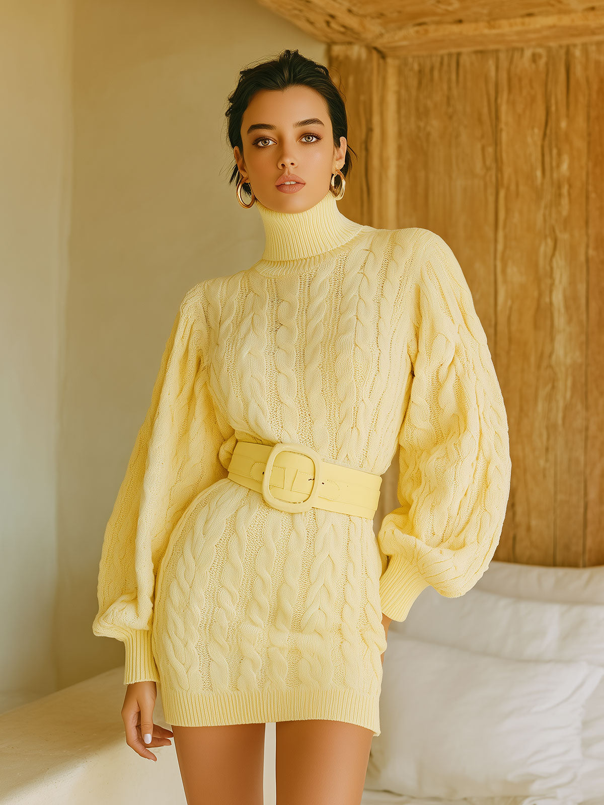 ElevenOra Chic Elegant Light Yellow High-Neck Fitted Belted Long-Sleeve Cable Knit Mini Dress