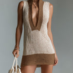 ElevenOra Chic Elegant Light Khaki-Camel Colorblock Deep V-Neck Sleeveless Slim-Fit Knit Bodycon Mini Dress