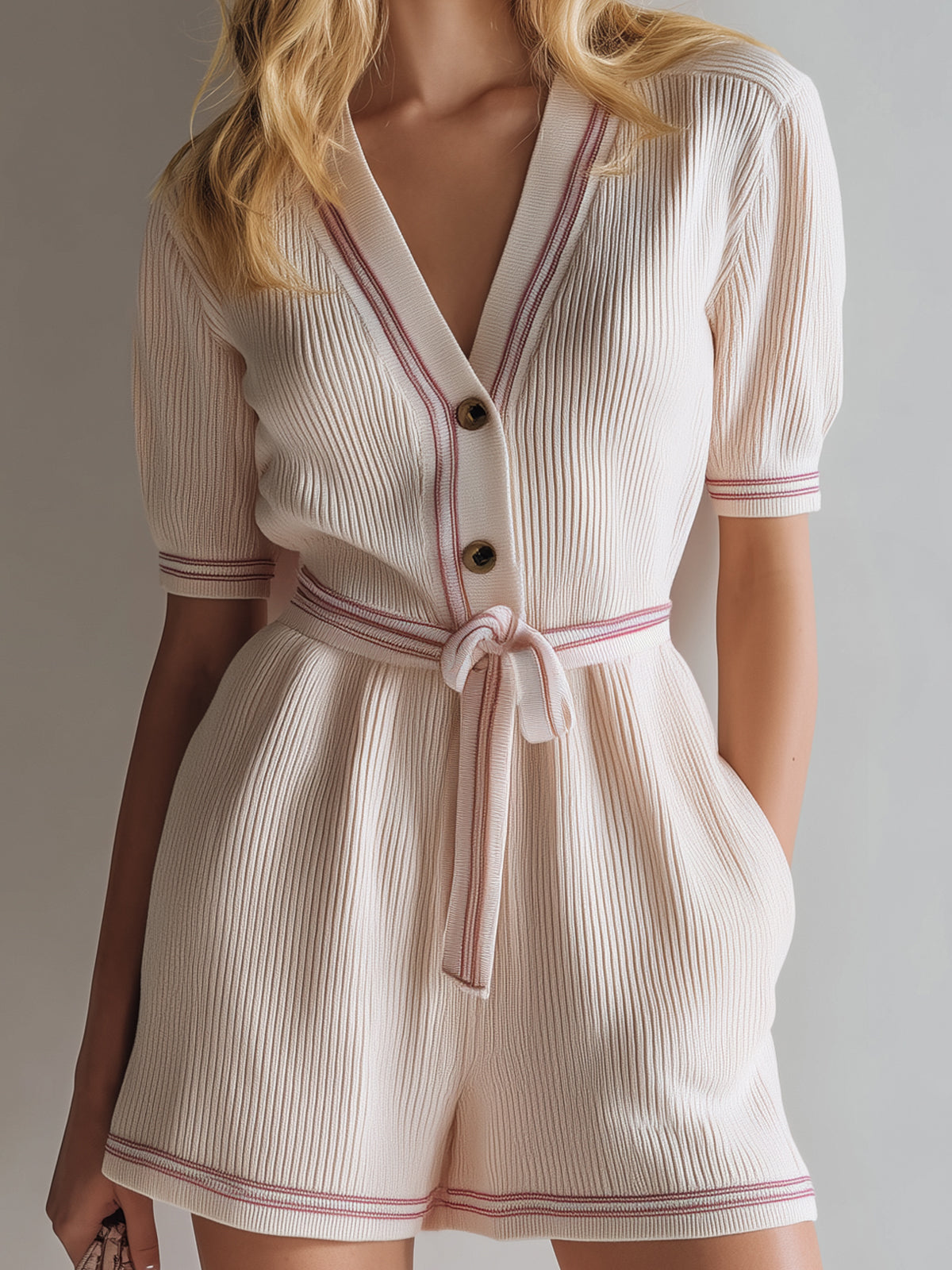 ElevenOra Chic Casual Beige V-Neck Button Front Short Sleeve Contrast Trim Detail Tie Waist Knit Romper