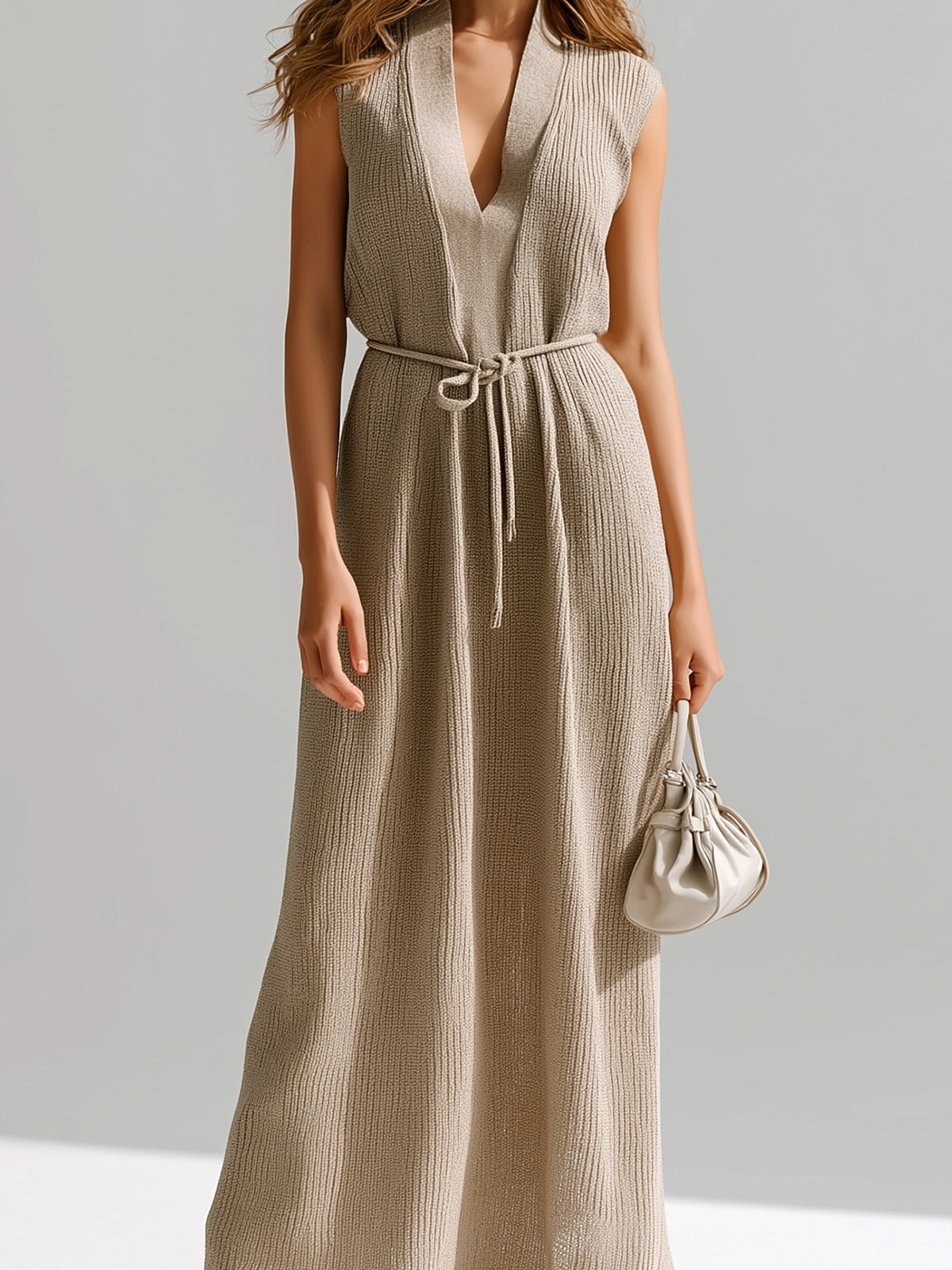 ElevenOra Chic Elegant Camel Deep V-Neck Sleeveless Loose-Fit Tie-Waist Ribbed Knit Maxi Dress