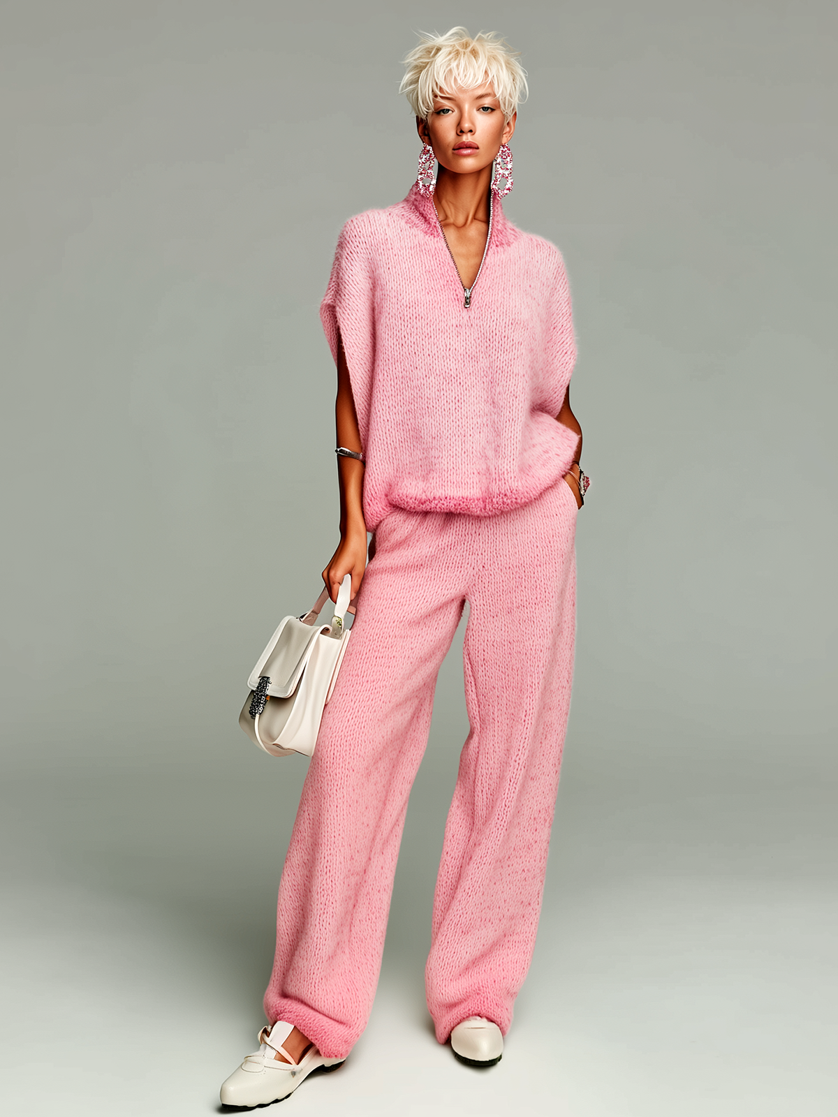 ElevenOra Fashion Casual Pink Stand-Collar Zip-Up Short-Sleeve Loose Sweater Wide-Leg Pants Knit Two-Piece Set