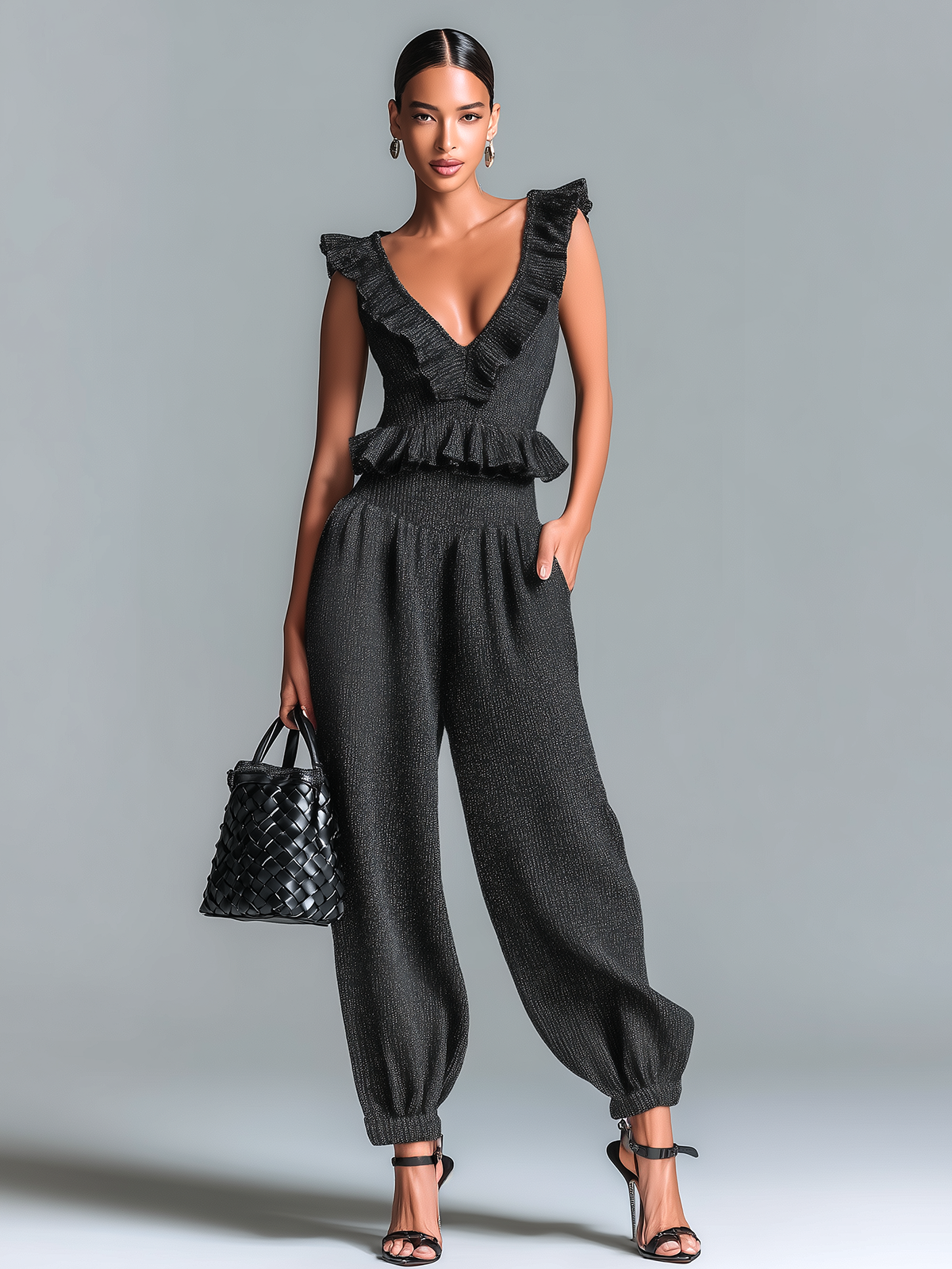 ElevenOra Stylish Elegant Black V-neck Sleeveless Ruffle Sweater Top High-Waist Balloon Pants Knit Two-Piece Set