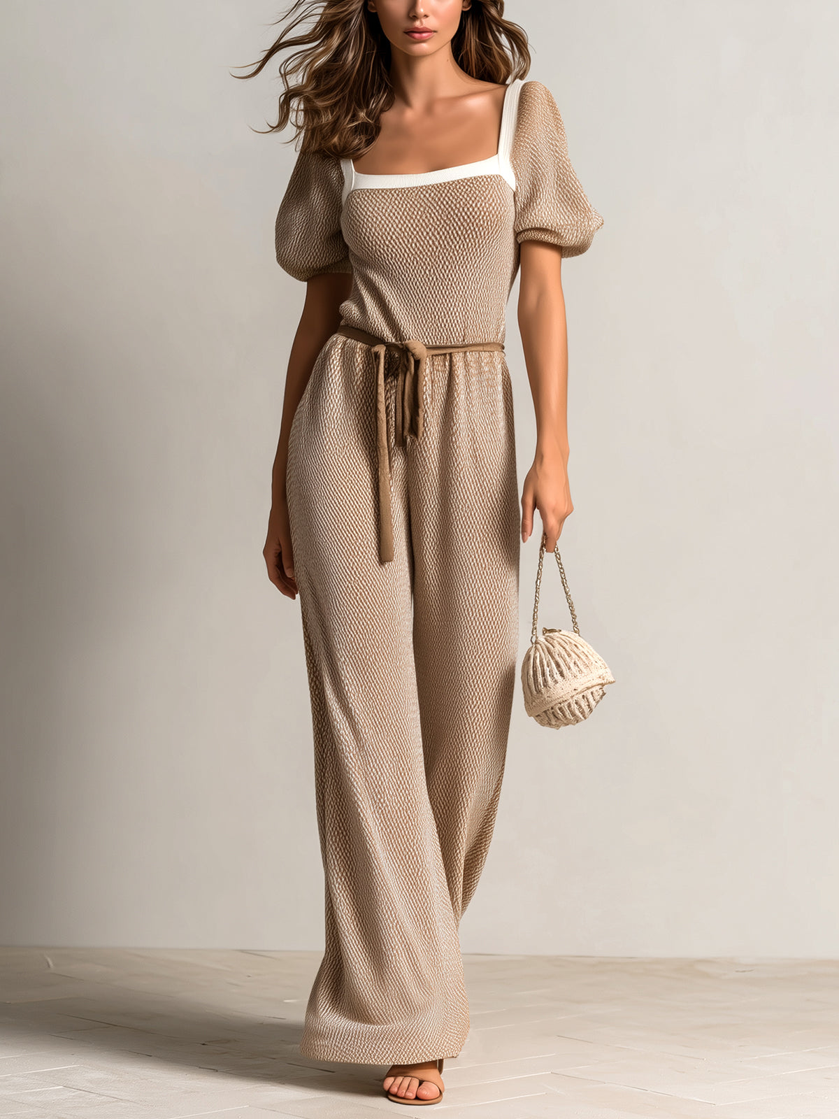 ElevenOra Chic Elegant Camel Square Neck Short Lantern Sleeve Contrast Trim Detail Tie-Waist Loose-Fit Wide-Leg Knit Jumpsuit