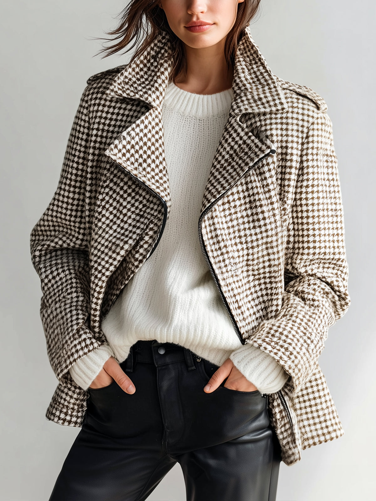ElevenOra Chic Vintage Brown-White Houndstooth Wool Blend Lapel Asymmetric Zip Biker Style Short Coat