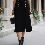 ElevenOra Chic Elegant Black High Waist Gold Button Details Slit A-Line Ribbed Knit Midi Skirt