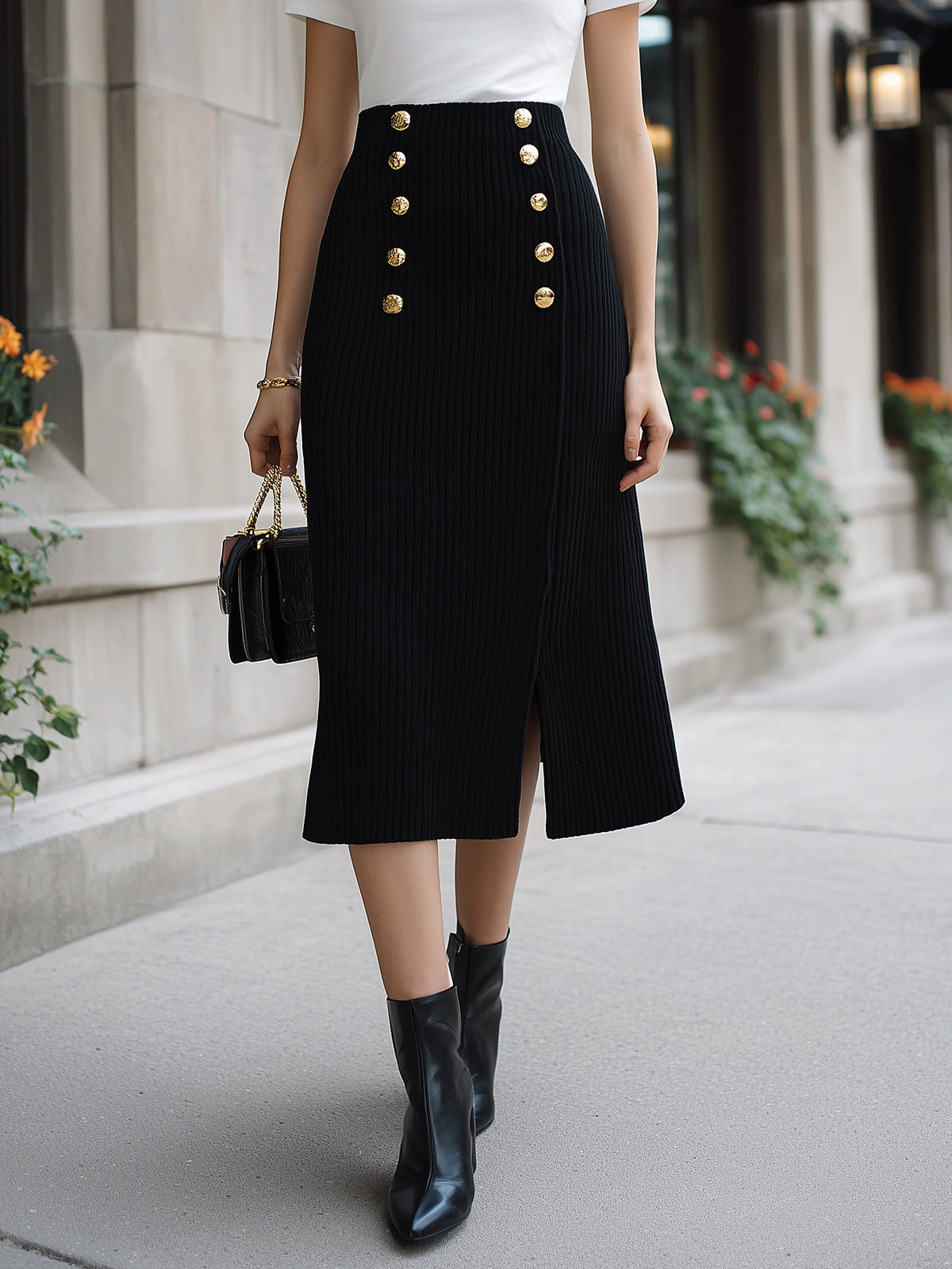 ElevenOra Chic Elegant Black High Waist Gold Button Details Slit A-Line Ribbed Knit Midi Skirt