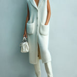 ElevenOra Chic Elegant Cream White Shawl Collar Single-Breasted Sleeveless Patch Pocket Oversize Fuzzy Knit Midi Dress