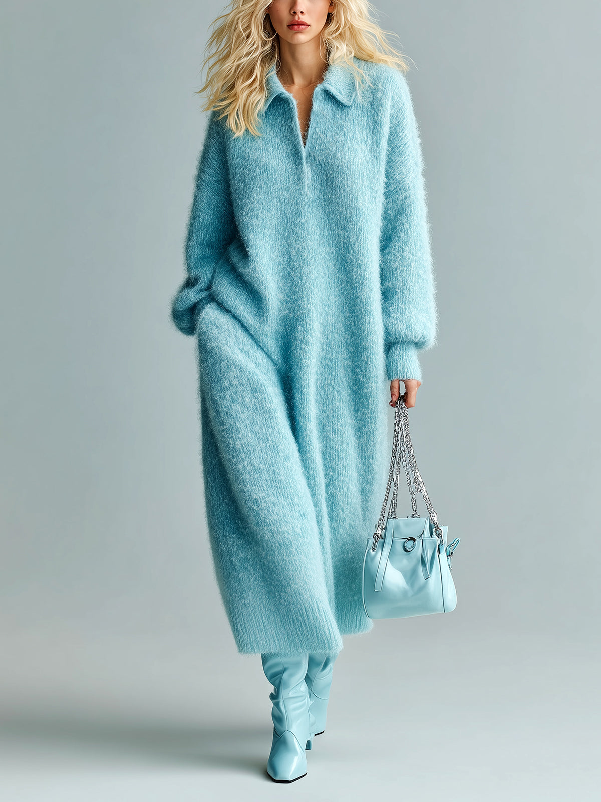 ElevenOra Chic Vintage Blue Lapel V-Neck Long Lantern Sleeve Oversized Fuzzy Knit Maxi Dress