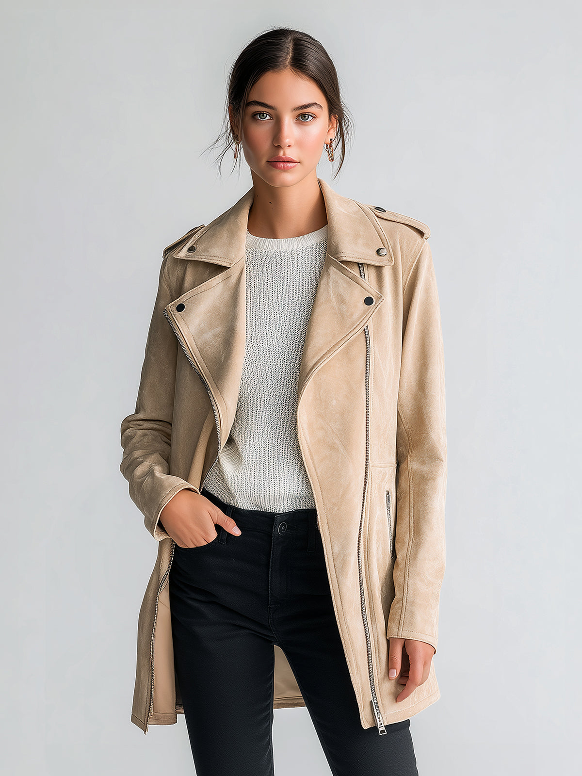 ElevenOra Chic Casual Beige Faux Suede Biker Style Lapel Asymmetric Zip Mid-Length Jacket