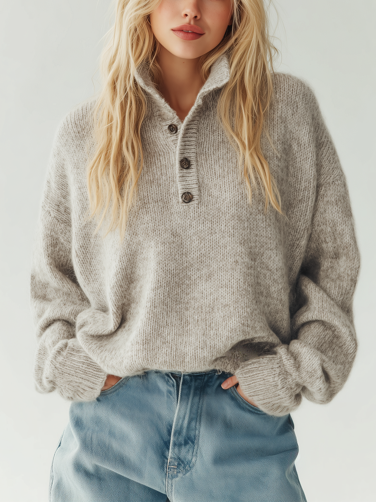 ElevenOra Chic Casual Light Gray Stand Collar Button Long Sleeve Oversized Sweater