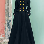 ElevenOra Vintage Navy Wool Blend Stand Collar Metal Button Double-Breasted Tailored Waist Flared Hem Long Coat