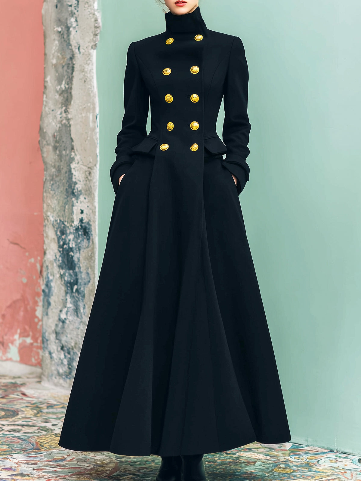 ElevenOra Vintage Navy Wool Blend Stand Collar Metal Button Double-Breasted Tailored Waist Flared Hem Long Coat