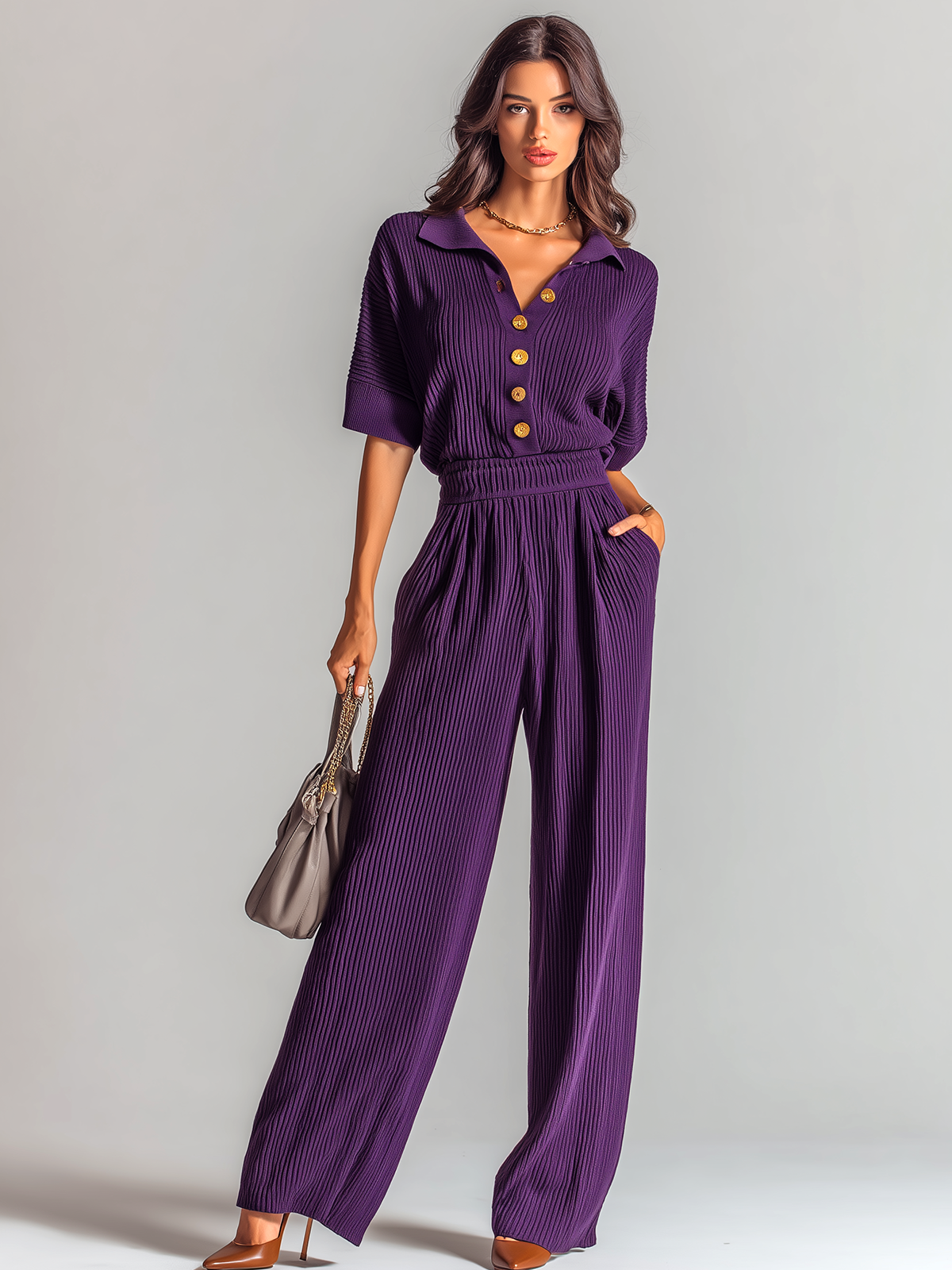 ElevenOra stylish Elegant Purple Short-sleeved Lapel Collar Button-Front Tailored Waist Wide-leg Knit Jumpsuit