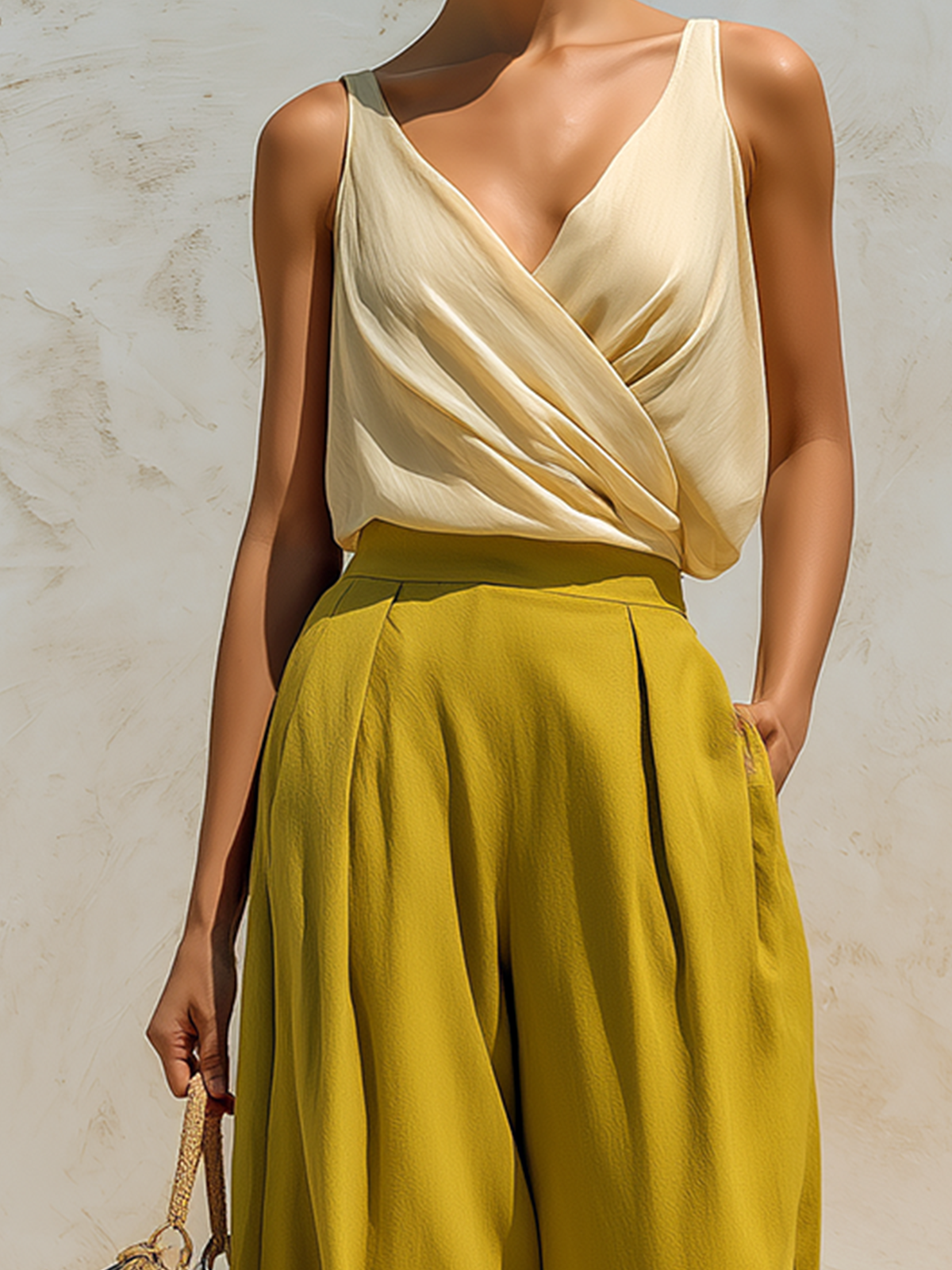 ElevenOra Chic Elegant Beige V-neck Tank Top Loose Mustard Yellow Chiffon Wide-Leg Pants Two-Piece Set