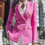 ElevenOra Chic Vintage Hot Pink Cotton Blend Peak Lapel Metal Buttons Double-breasted Slim-fit Blazer