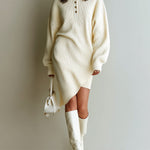 ElevenOra Chic Casual Cream White Polo Neck Button-Detail Asymmetric Hem Oversized Knit Midi Dress
