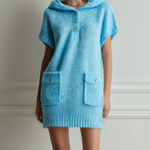 ElevenOra Chic Casual Blue Hooded Botton Oversized Short Sleeve Patch Pocket Knit Mini Dress