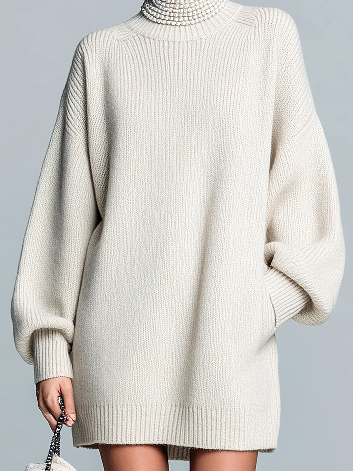 ElevenOra Chic Elegant Beige Round Neck Oversize Lantern Sleeve Knit Mini Dress