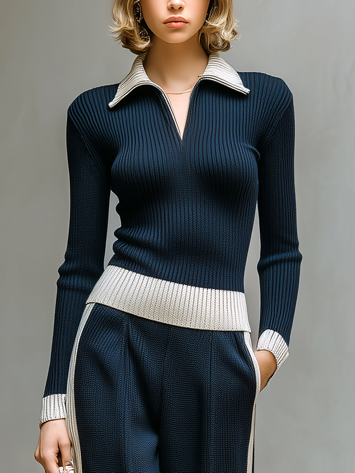 ElevenOra Chic Vintage Contrast Lapel V-Neck Slim-Fit Long-Sleeve Knit Sweater