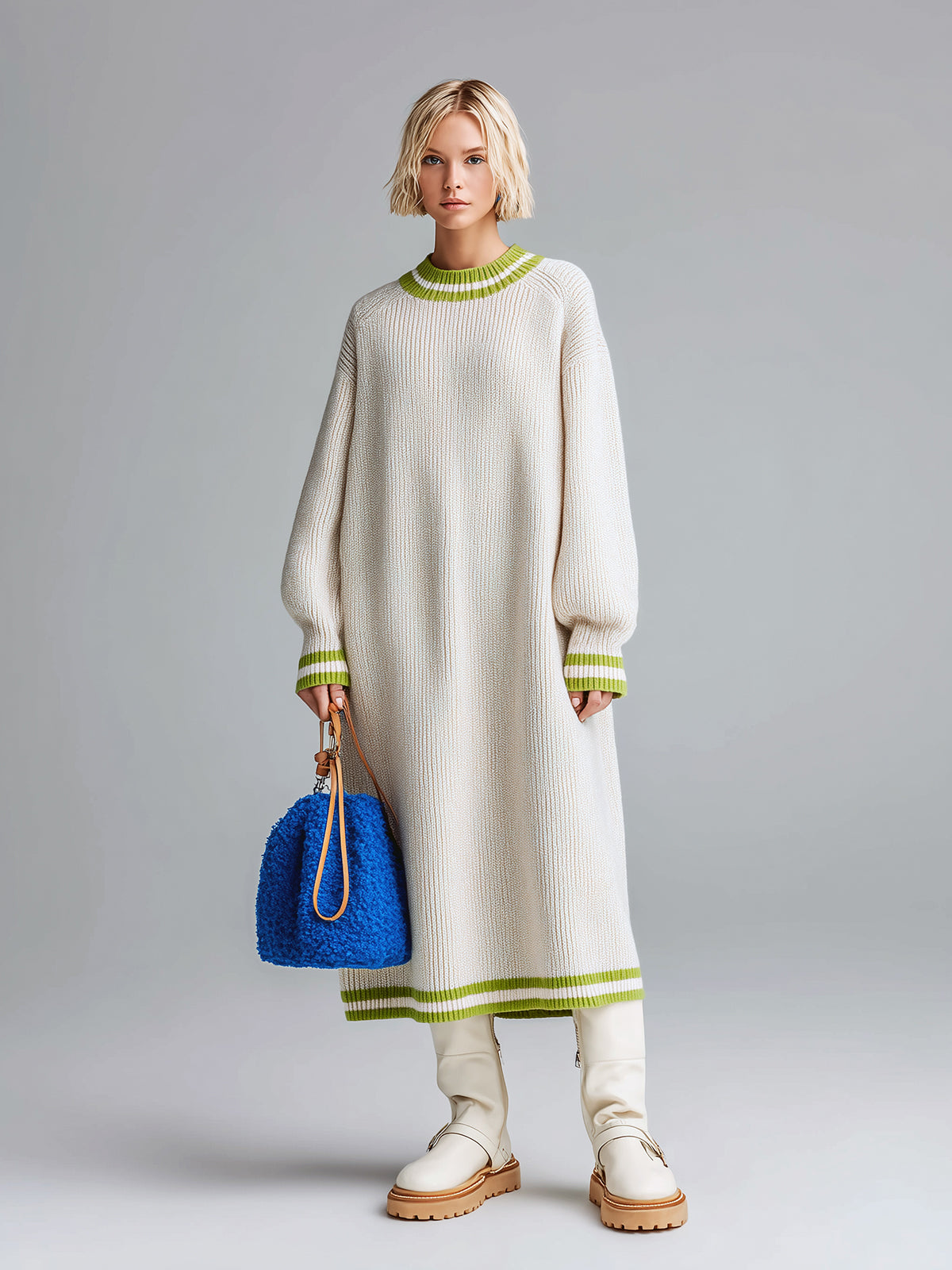 ElevenOra Chic Casual Cream White Crew Neck Contrast Stripes Oversized Long Sleeve Knit Maxi Dress